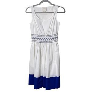 Kate Spade NY White Blue Smocked Poplin Sleeveless Dress Coastal Preppy XXS